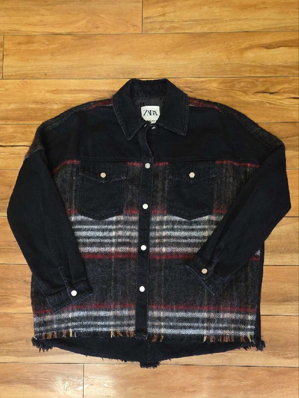 ZARA Plaid Tweed Contrast Denim Jacket Shacket Frayed Hem Black Multi Size Small